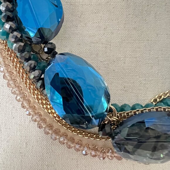 Jessica Simpson Blue Gold Chunky Multi Strands Glass Beads Statement Necklace - Picture 3 of 6